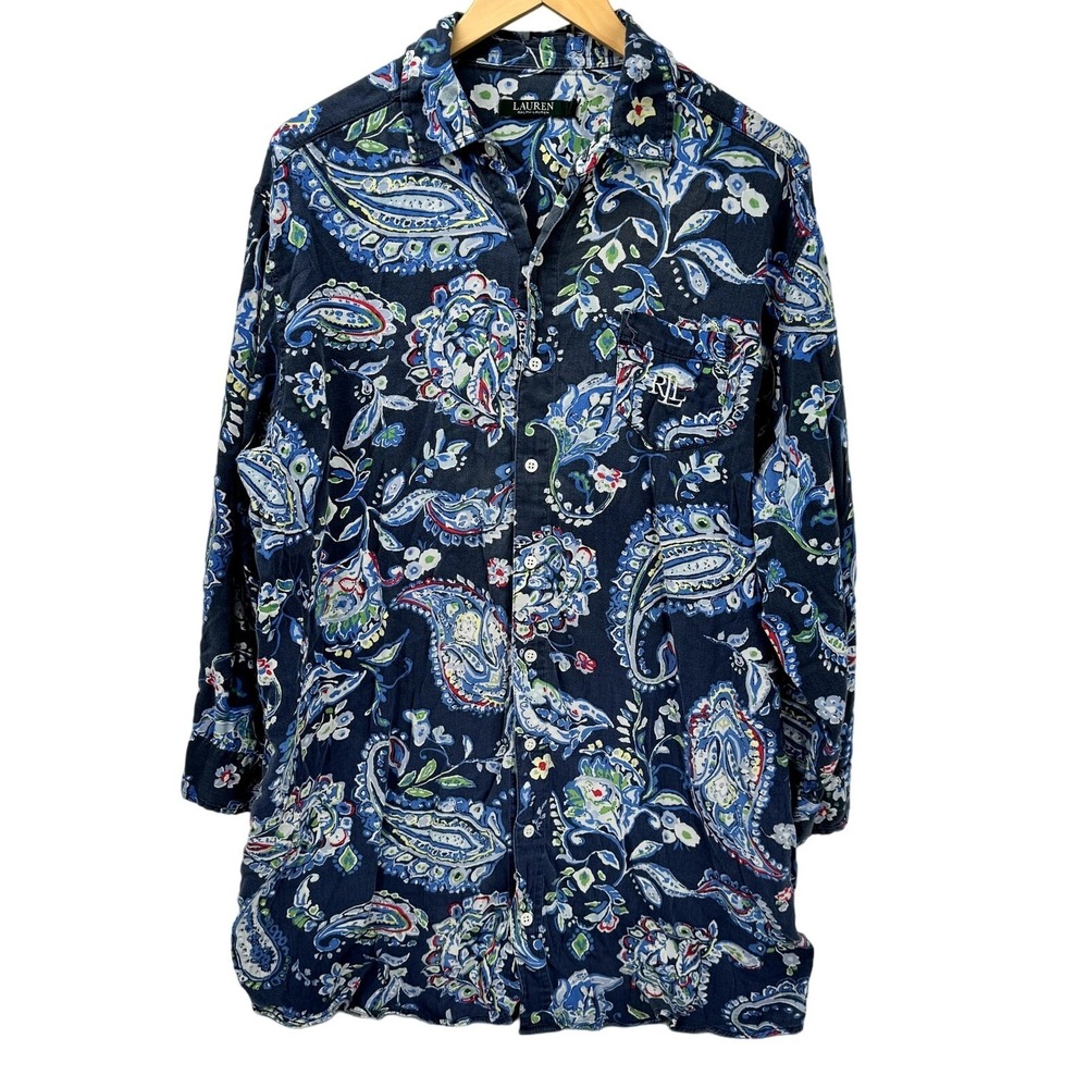 Lauren Ralph Lauren Blouse Womens 1X Button Up Blue Paisley Tunic Long Sleeve